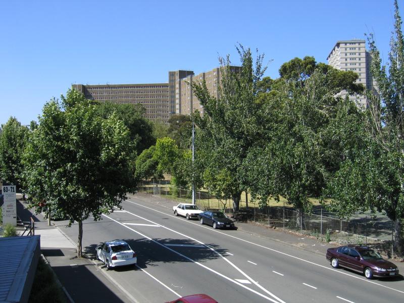 North Melbourne - Boundary Road area - View north along Boundary Rd towards apartment buildings from footbridge at Mark St
