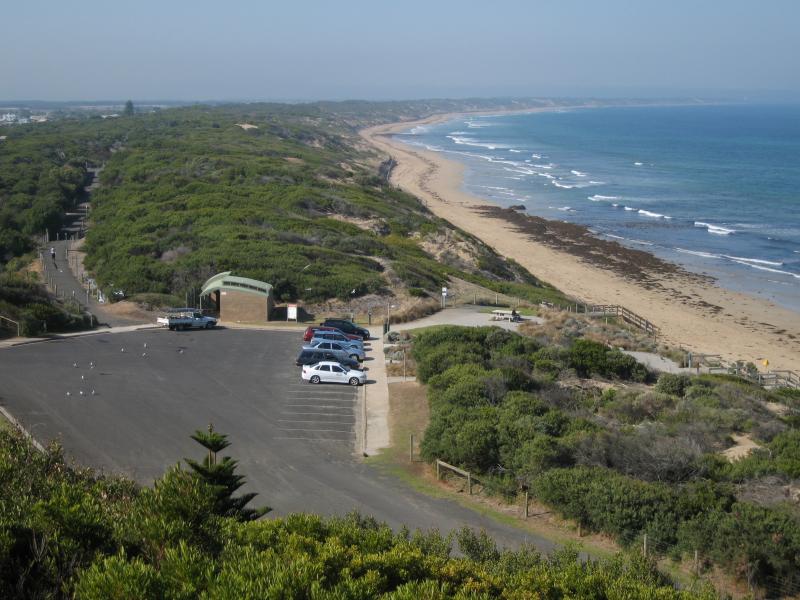 Ocean Grove - Views from lookout above Smiths Beach, Lookout Reserve Road: View east along coast towards car park at end of Hodgson St