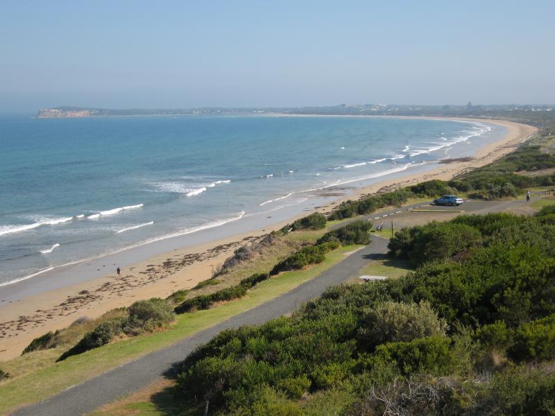 Ocean Grove - Views from lookout above Smiths Beach, Lookout Reserve Road: View south-west towards The Bluff at Barwon Heads
