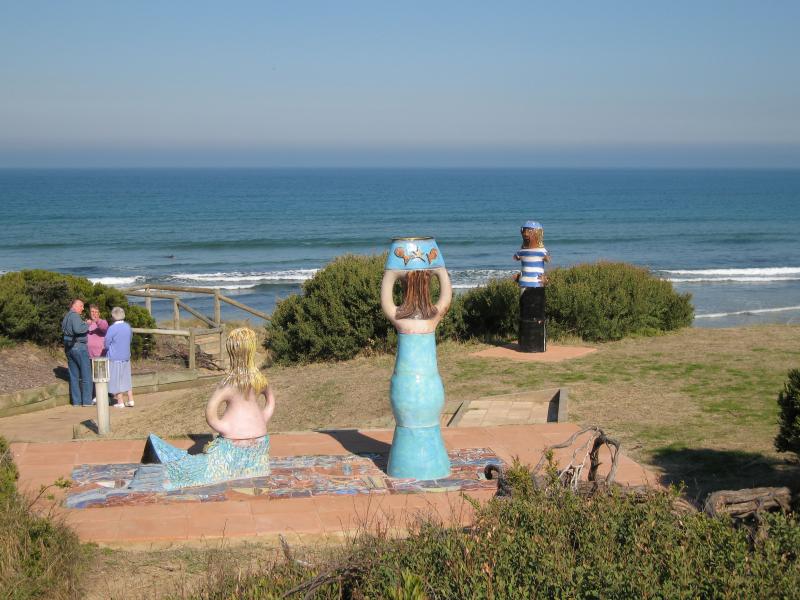 Ocean Grove - Surf Beach along Surf Beach Road and at Ocean Grove Surf Life Saving Club (SLSC): Bollards on foreshore near The Dunes Cafe & Bar