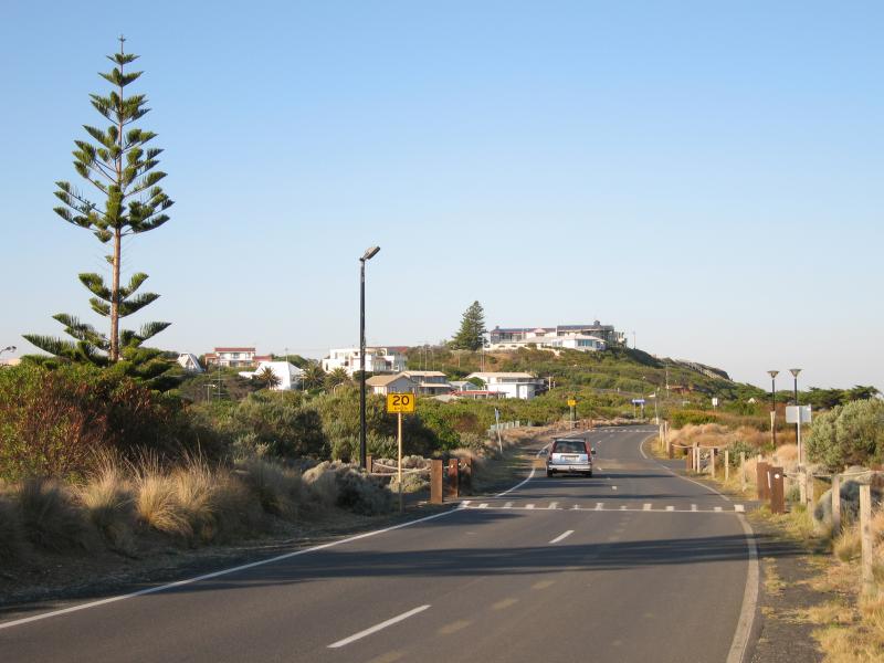 Ocean Grove - Surf Beach along Surf Beach Road and at Ocean Grove Surf Life Saving Club (SLSC): View east along Surf Beach Rd