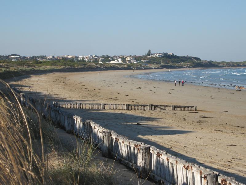 Ocean Grove - Coastline along Ingamells Bay - Beach at 18W access marker, view north-east along coast towards Ocean Grove