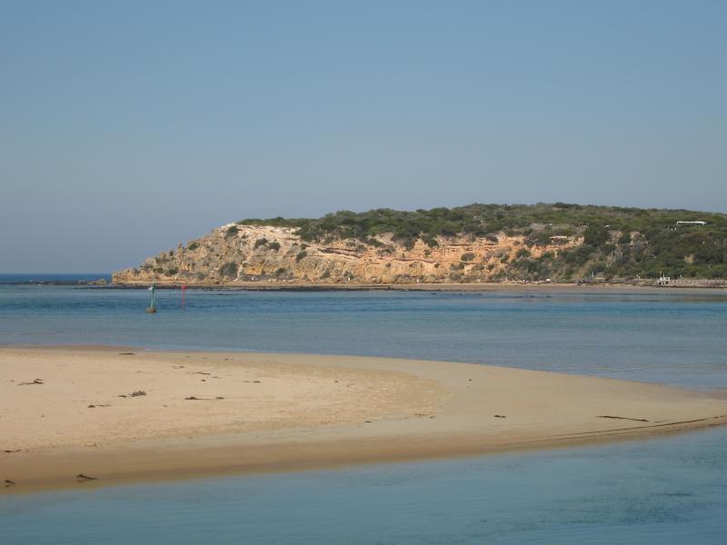 Ocean Grove - Sandy Point at Barwon River mouth: View south towards The Bluff