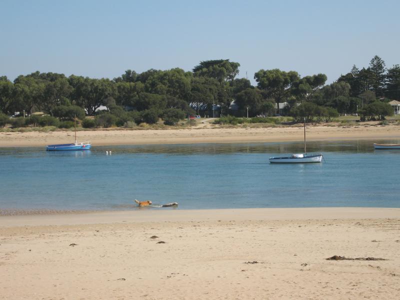 Ocean Grove - Sandy Point at Barwon River mouth: View west across river mouth