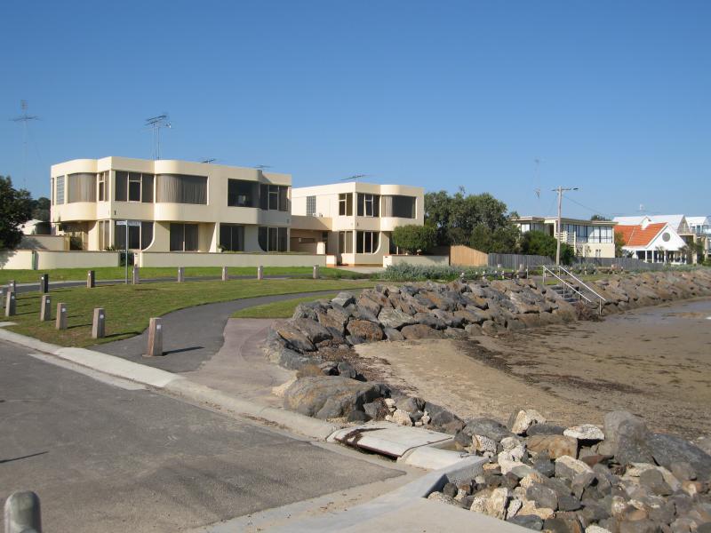 Ocean Grove - Jetty and boat ramp area, Barwon River, Guthridge Street and Peers Crescent: View south-east along coastline and Peers Cr at Guthridge St