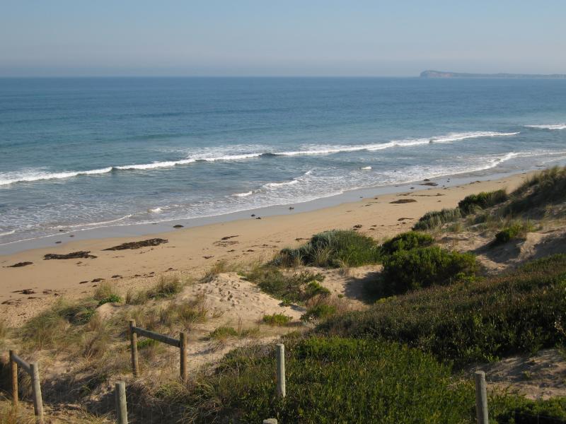 Ocean Grove - Beach at end of Bonnyvale Road: View south-west across beach towards The Bluff