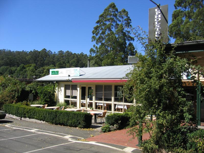 Olinda - Commercial centre and shops, Mt Dandenong Tourist Road at Ridge Road: Wild Oak Restaurant, view east along Ridge Rd towards Mt Dandenong Tourist Rd