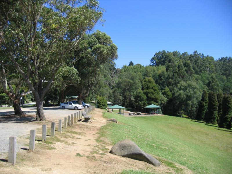 Olinda - R.J. Hamer Forest Arboretum, Chalet Road: View west at car park towards BBQ areas
