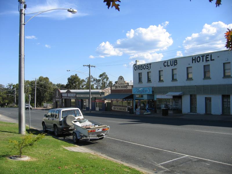 Orbost - Commercial centre and shops: Orbost Club Hotel, view south along Nicholson St towards Clark St