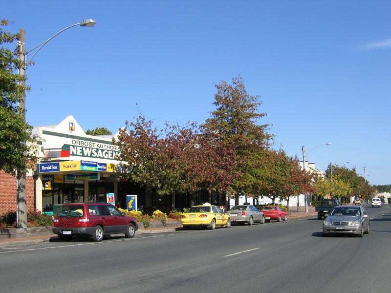 Orbost - Commercial centre and shops: Orbost Newsagent and Snowy River Visitor Information Centre, view south along Nicholson St between Salisbury St and Wolseley St