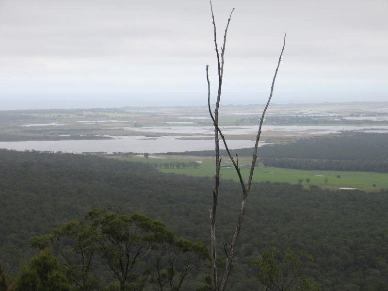 Orbost - Mount Raymond: View south-west from lookout towards lakes and wetlands around Cabbage Tree Creek and Lake Curlip