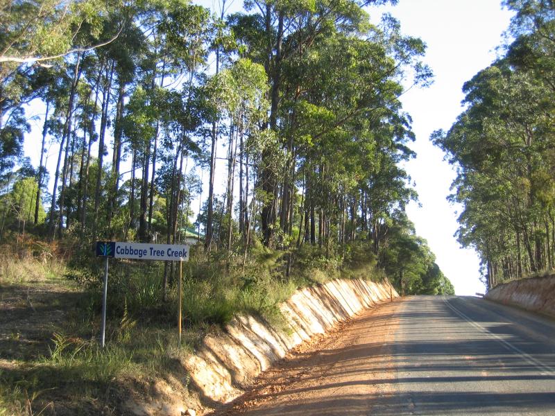 Orbost - Princes Highway through Cabbage Tree Creek: Cabbage Tree Creek town sign, view west along Princes Hwy