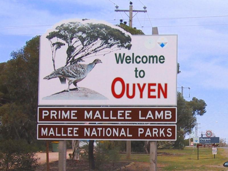 Ouyen - Around Ouyen: Welcome to Ouyen sign, Calder Hwy