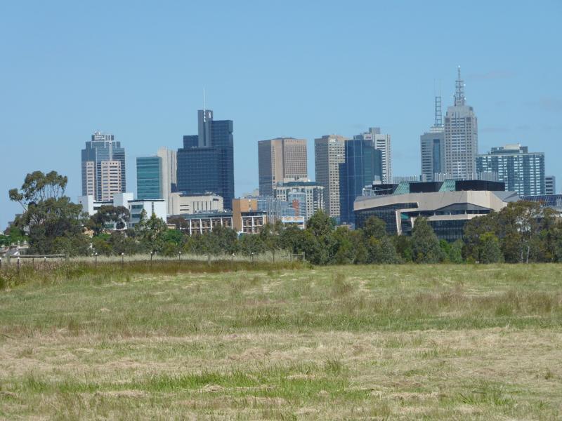 Parkville - Royal Park, Native Grassland and surroundings: South-easterly view across grassland towards Melbourne CBD