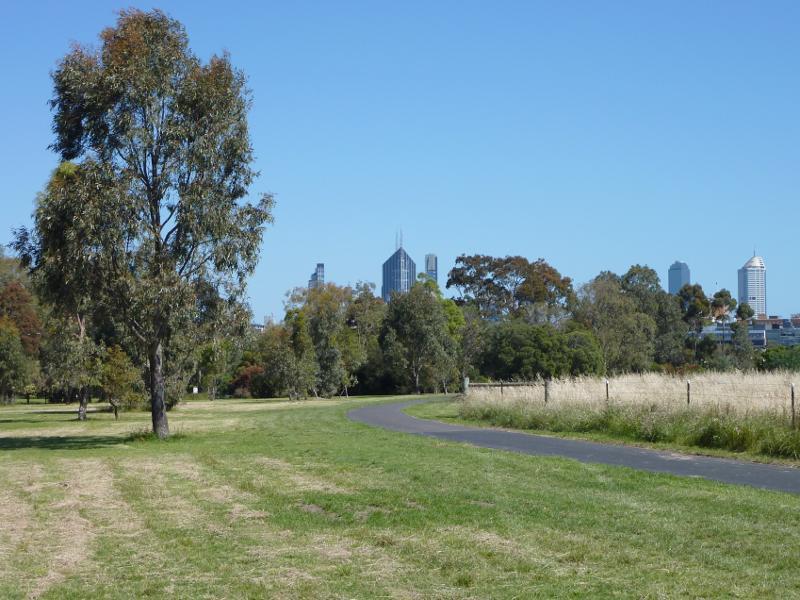 Parkville - Royal Park, Native Grassland and surroundings: View along pathway at north-east side of grassland towards Melbourne CBD