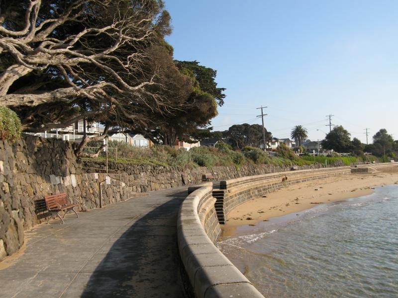 Point Lonsdale - Front Beach along Point Lonsdale Road: View north along pathway along beach opposite shops