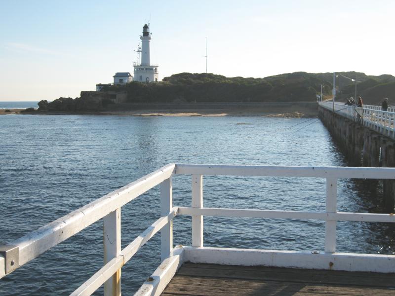 Point Lonsdale - Point Lonsdale Pier: View towards coast and lighthouse from end of pier