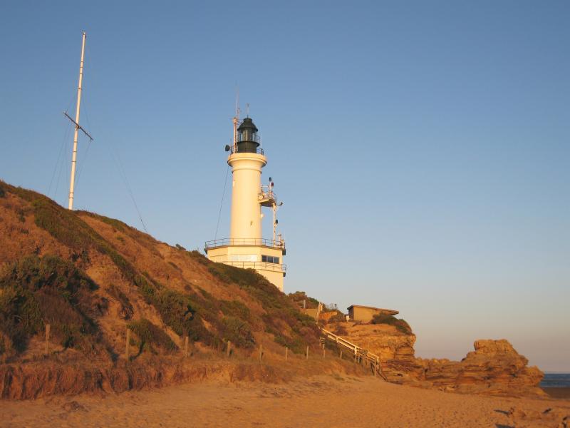 Point Lonsdale - Point Lonsdale Lighthouse: View east along beach towards lighthouse and flagstaff