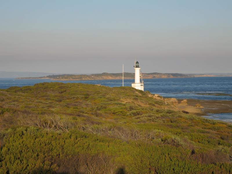 Point Lonsdale - Lookout and Surf Back Beach, Ocean Road opposite Winterley Road: View east from lookout towards lighthouse, beach and Point Nepean