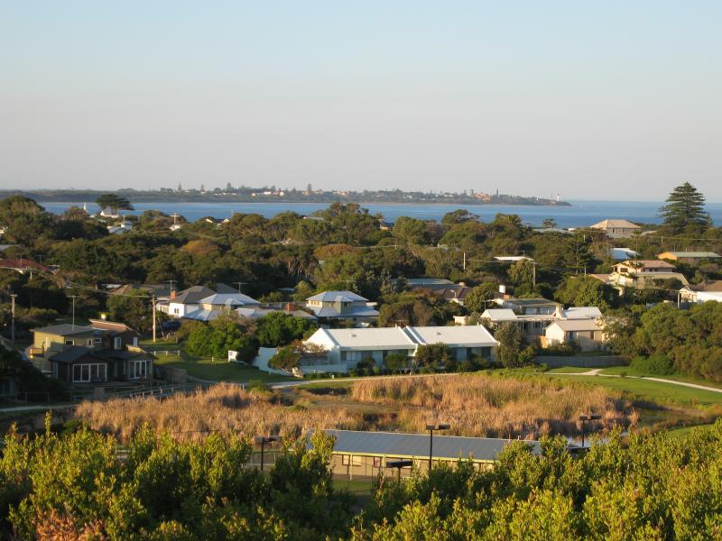Point Lonsdale - Lookout at Surf Back Beach, Ocean Road opposite Ganes Reserve: View north-east across lake at Ganes Reserve with Queenscliff in background