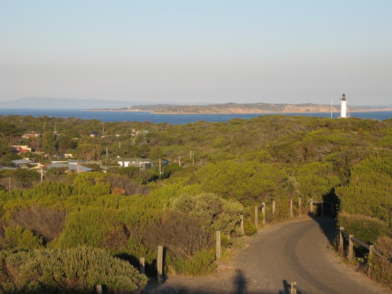 Point Lonsdale - Lookout at Surf Back Beach, Ocean Road opposite Ganes Reserve: View east towards lighthouse