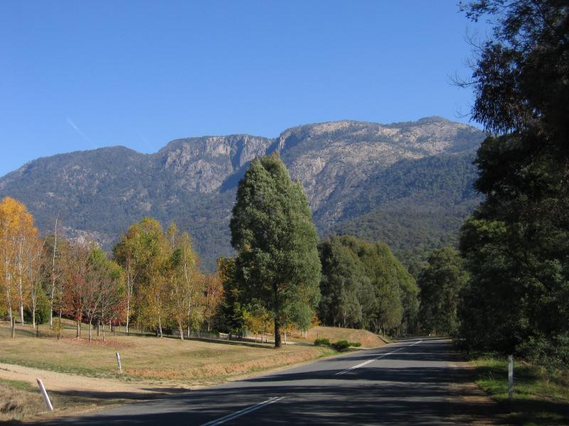 Porepunkah - Mount Buffalo Road between Porepunkah and National Park entrance: View of Mt Buffalo, Mt Buffalo Rd, 4 km west of Great Alpine Rd