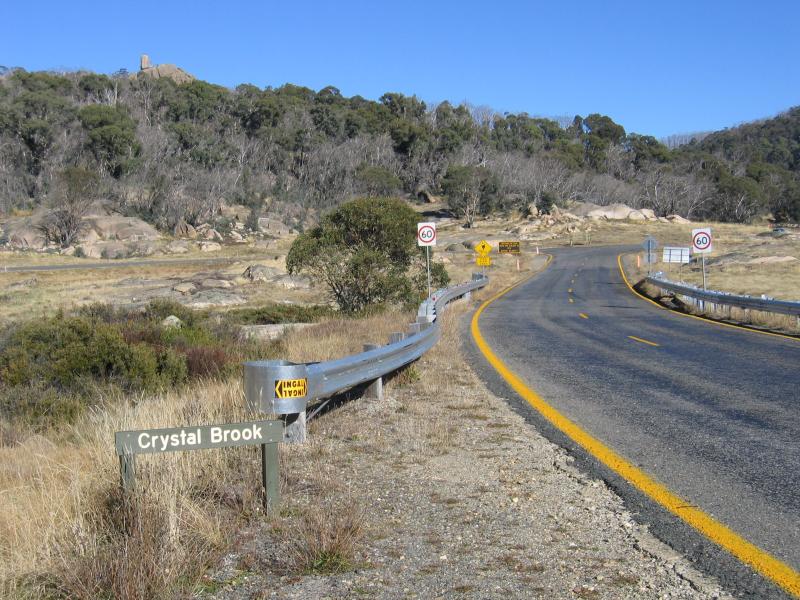 Porepunkah - Mount Buffalo Road through Mount Buffalo National Park: View south along Mt Buffalo Rd at Crystal Brook towards turn-off for Chalet