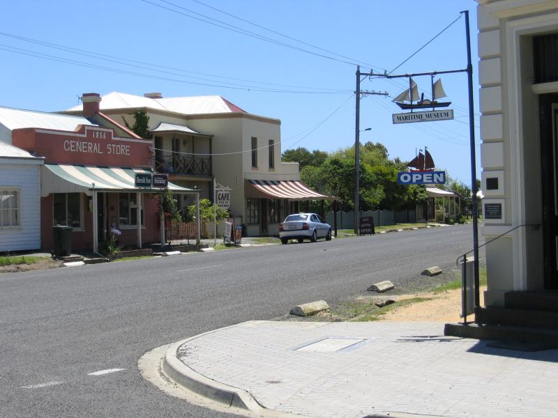 Port Albert - Commercial centre and shops, Tarraville Road: View north-west along Tarraville at Bay St