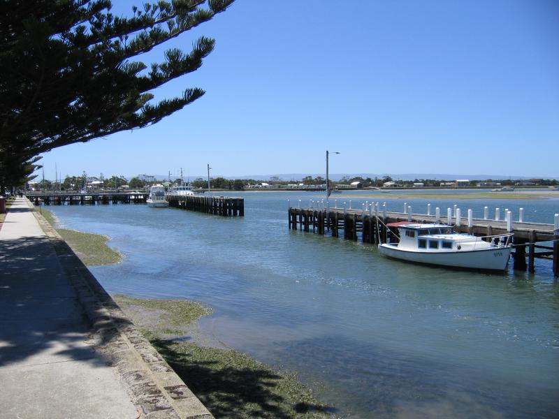 Port Albert - Wharf area, south-eastern end of Wharf Street: View north-west through wharf from Wharf St