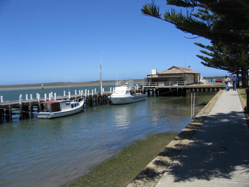 Port Albert - Wharf area, south-eastern end of Wharf Street: View south-east through Wharf from Wharf St