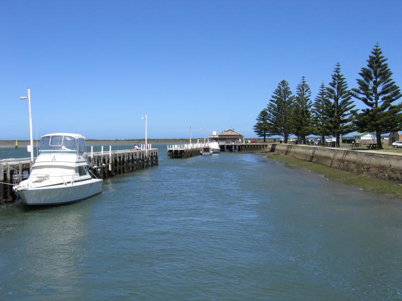 Port Albert - Wharf area, south-eastern end of Wharf Street: View south-east along wharf