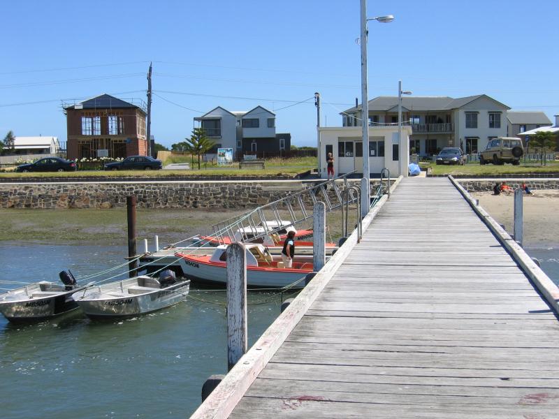 Port Albert - Jetties, Wharf Street: View back along jetty towards Wharf St