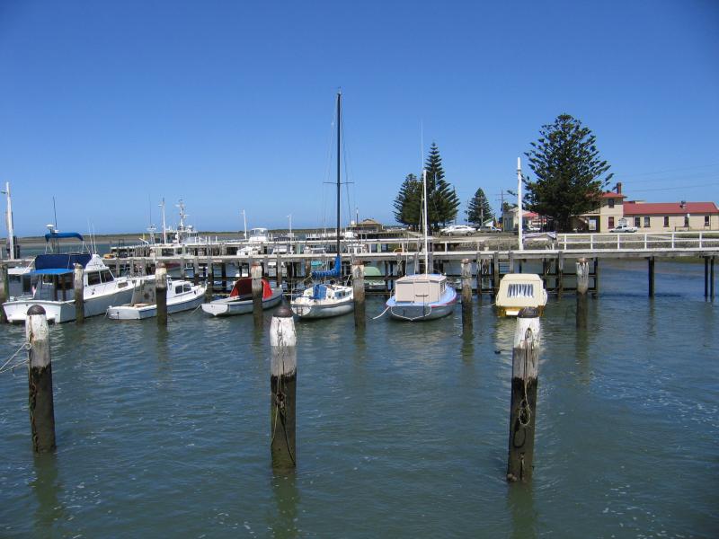 Port Albert - Jetties, Wharf Street: View south-east across jetties towards wharf