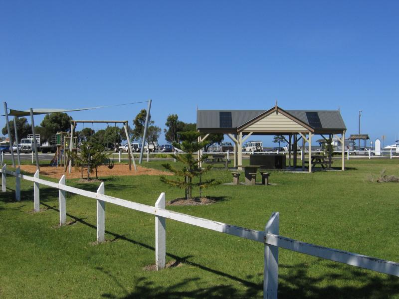 Port Albert - Memorial Park and boat ramp, corner Wharf Street and Bay Street: Playground and BBQ area at boat ramp car park