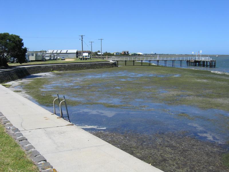 Port Albert - Memorial Park and boat ramp, corner Wharf Street and Bay Street: View north-east along coast from boat ramp towards Rutter Jetty