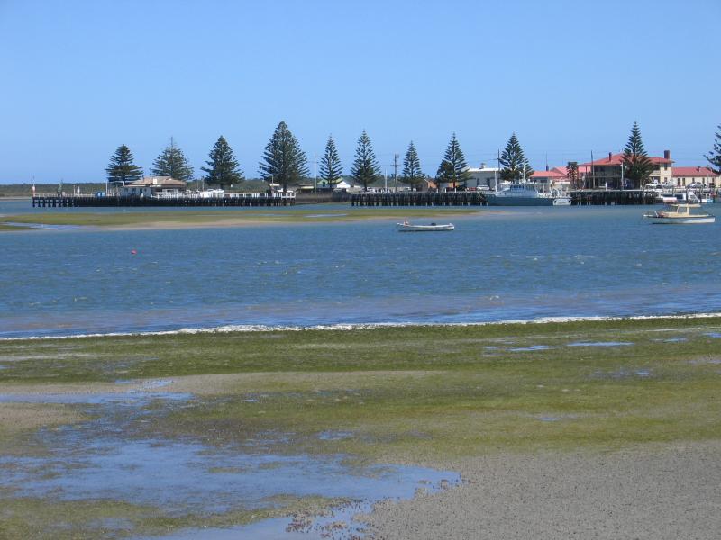 Port Albert - Rutter Park, Bay Street: View south across water towards wharf from coast near jetty