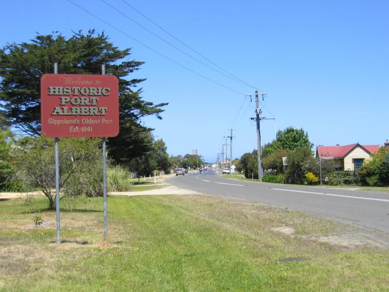 Port Albert - Around Port Albert: Port Albert town sign, view south-east along Tarraville Rd towards West Boundary Rd