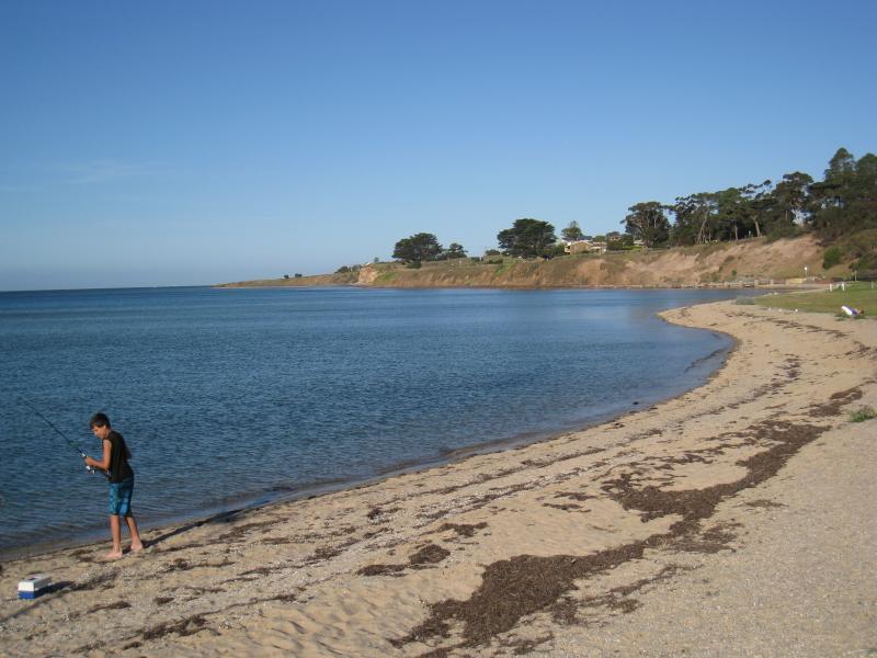 Portarlington - Portarlington Pier and foreshore: View east along beach on east side of pier