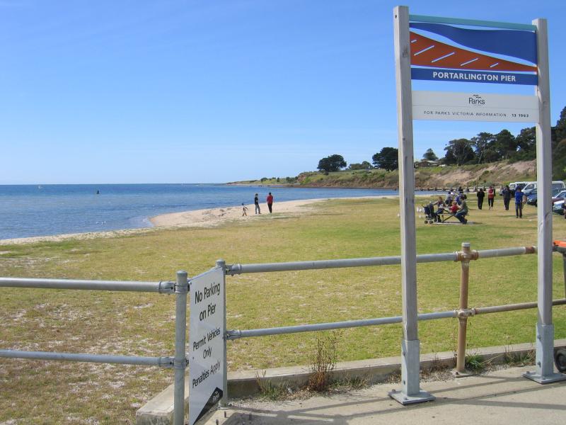 Portarlington - Portarlington Pier and foreshore: View east along coast at pier