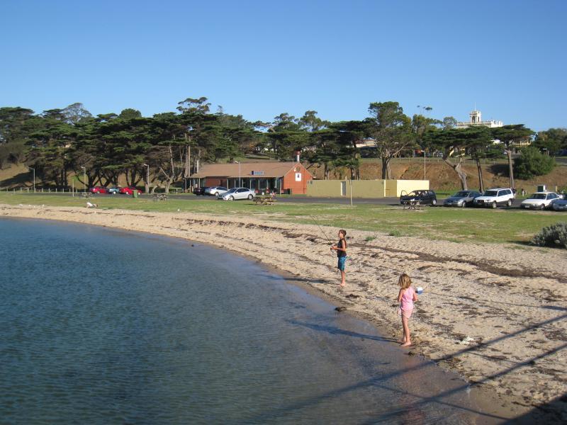 Portarlington - Portarlington Pier and foreshore: View east along beach towards cafe from pier