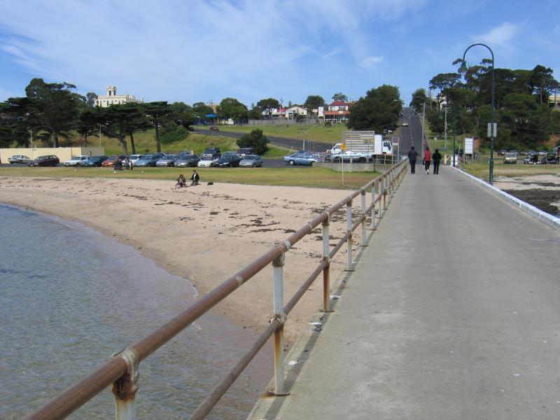 Portarlington - Portarlington Pier and foreshore: View south along pier towards foreshore