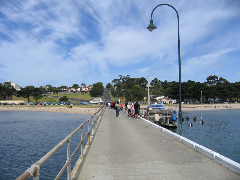 Portarlington - Portarlington Pier and foreshore: View south along pier towards foreshore