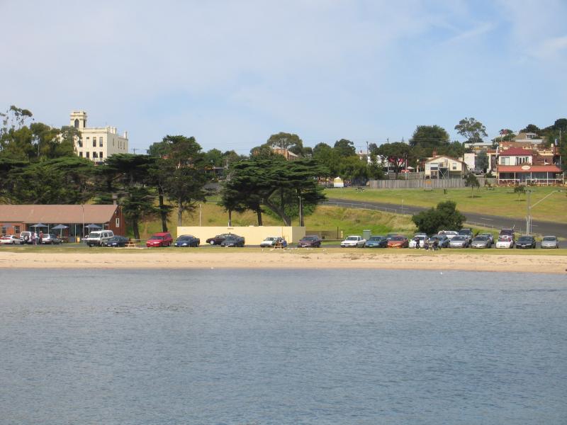 Portarlington - Portarlington Pier and foreshore: View from pier, south to foreshore, Port Pier Cafe and Grand Hotel