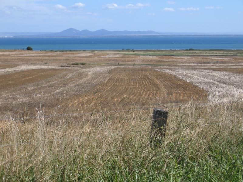 Portarlington - Point Richards: View north-west towards coast and You Yangs, Point Richards Rd near Geelong-Portarlington Rd