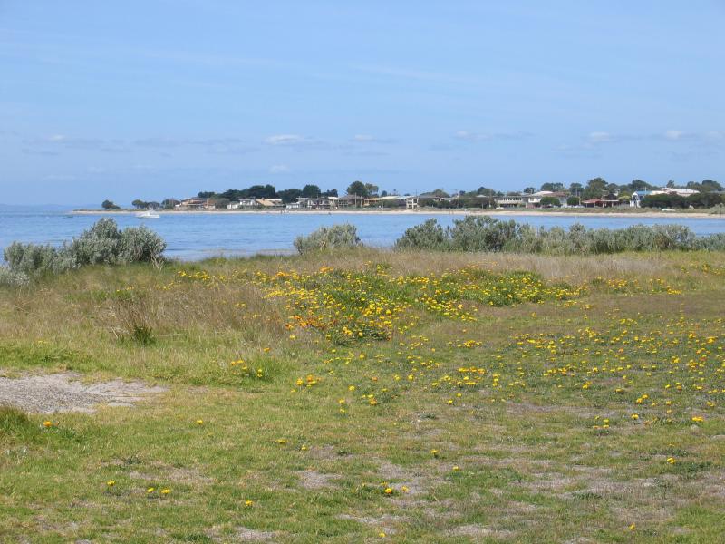Portarlington - Coastal town of Indented Head, east of Portarlington: View south-east along coast from The Esplanade at Pike St