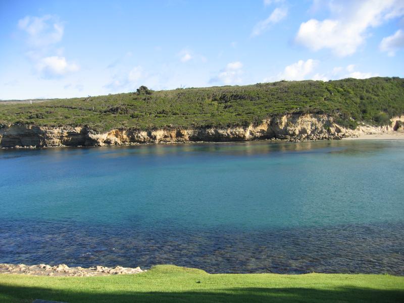 Port Campbell - Port Campbell Bay, jetty and beach: View north across Port Campbell Bay from Lord St