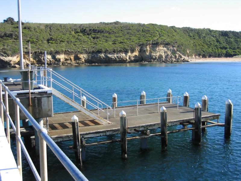 Port Campbell - Port Campbell Bay, jetty and beach: View across bay from jetty