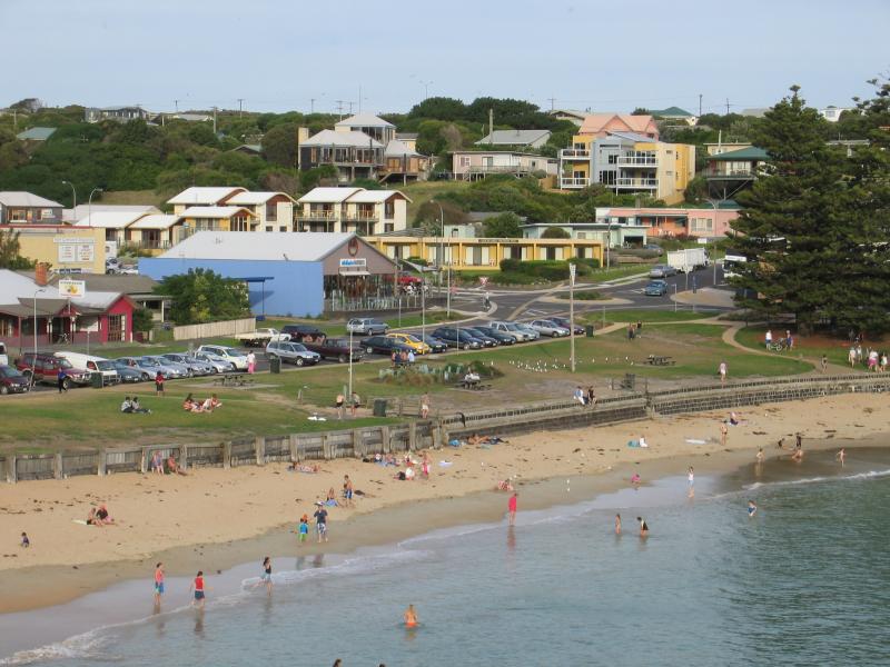 Port Campbell - Discovery Walk and views over Port Campbell Bay: View down to beach from steps up to Discovery Walk from beach