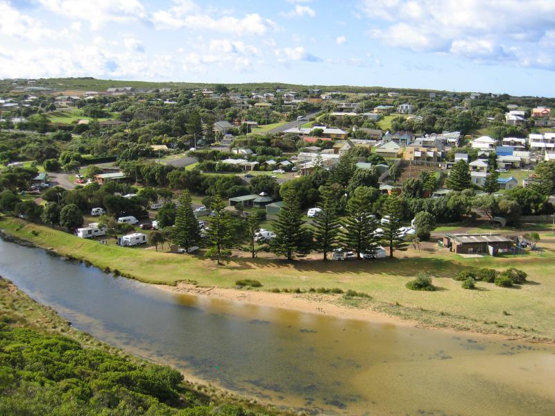 Port Campbell - Discovery Walk and views over Port Campbell Bay: View east across Port Campbell Creek from Town Lookout