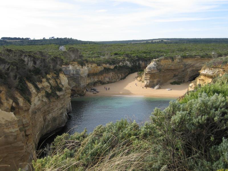 Port Campbell - Loch Ard Gorge, Muttonbird Island, Blow Hole, Thunder Cave: View of Loch Ard Gorge and beach